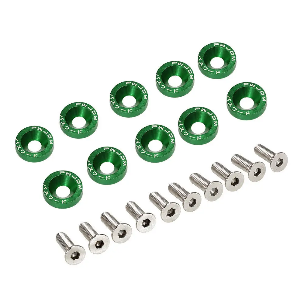 Universally 10pc Green Car Modified Hex Fasteners Fender Washer Bumper Engine Concave Screws Aluminum Fender Washers and Bolt