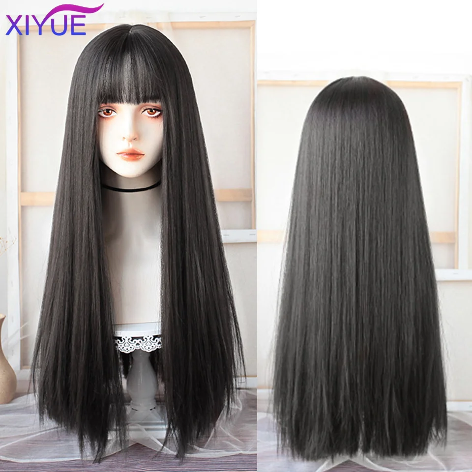 XIYUE parrucca nera lunga e dritta con parrucche sintetiche Bang per le donne capelli naturali resistenti al calore per la festa Cosplay di Halloween quotidiana