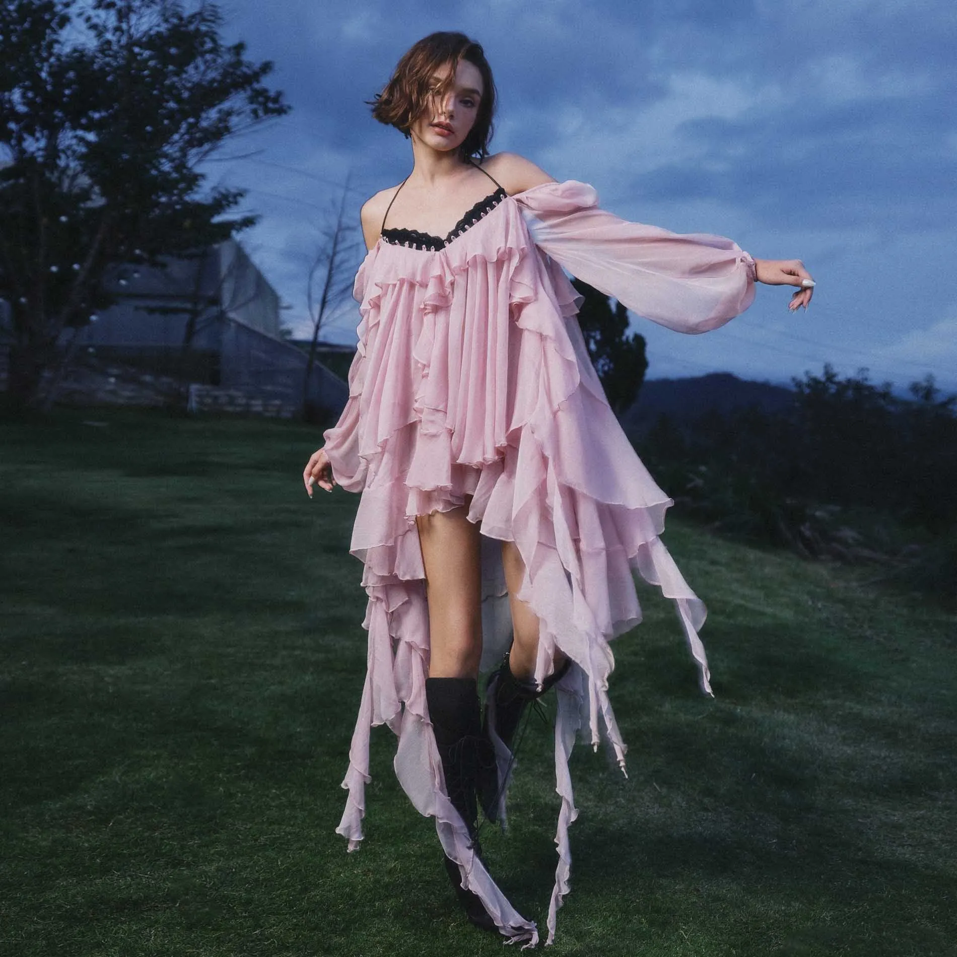 

Hippie Asymmetrical Ruffles Dress Unique Pink Chiffon Short Cocktail Party Dresses Women Birthday Dress Shoot Party Outfits