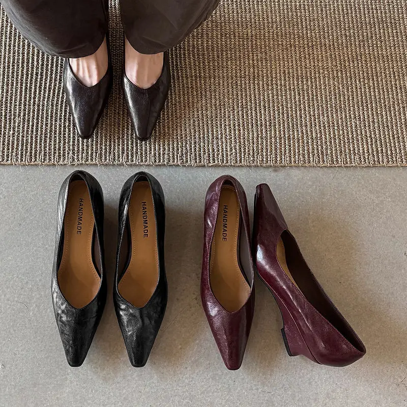 2026 new spring autumn women pumps natural leather 22-25.5cm sheepskin+cowhide square toe wedges high heel women shoes fashion