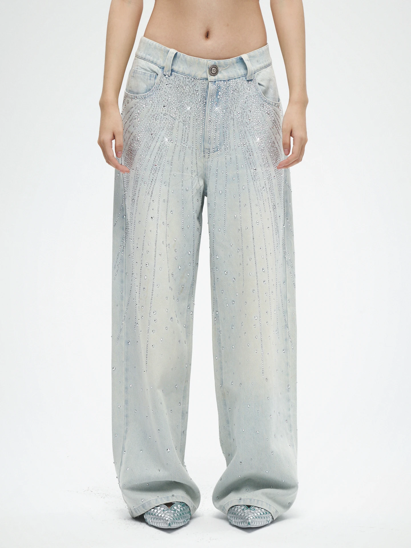 

Джинсы Faychui из светлого денима с бриллиантовой вышивкой, широкие брюки с вышивкой, повседневные женские модные брюки