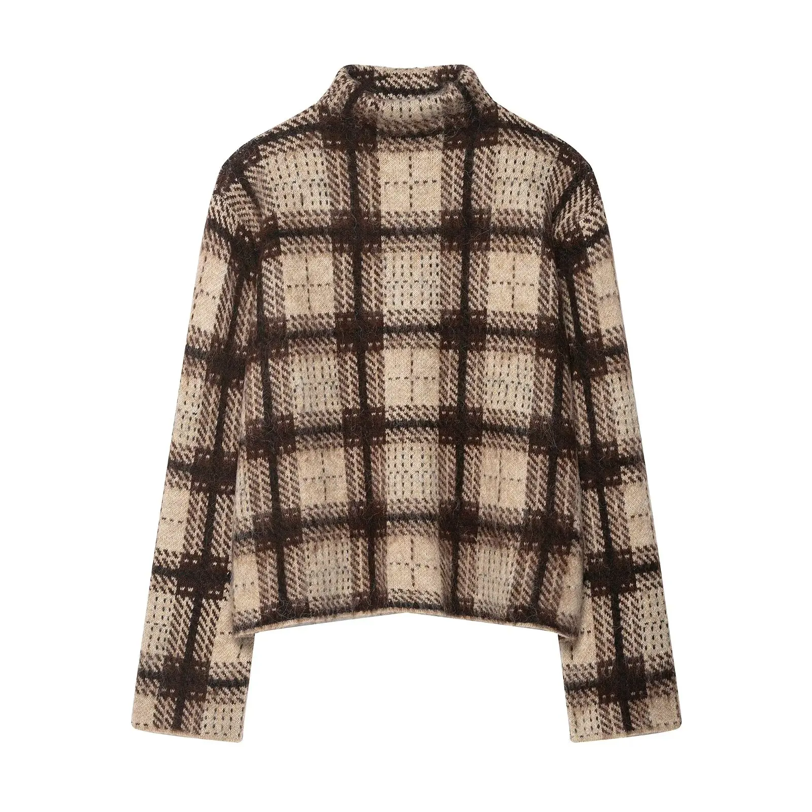 

Fall/Winter New Arrival Korean-Style Half-High Neck Brushed-Effect Plaid Knit Sweater Round Neck Loose-Fit Women's Sweater