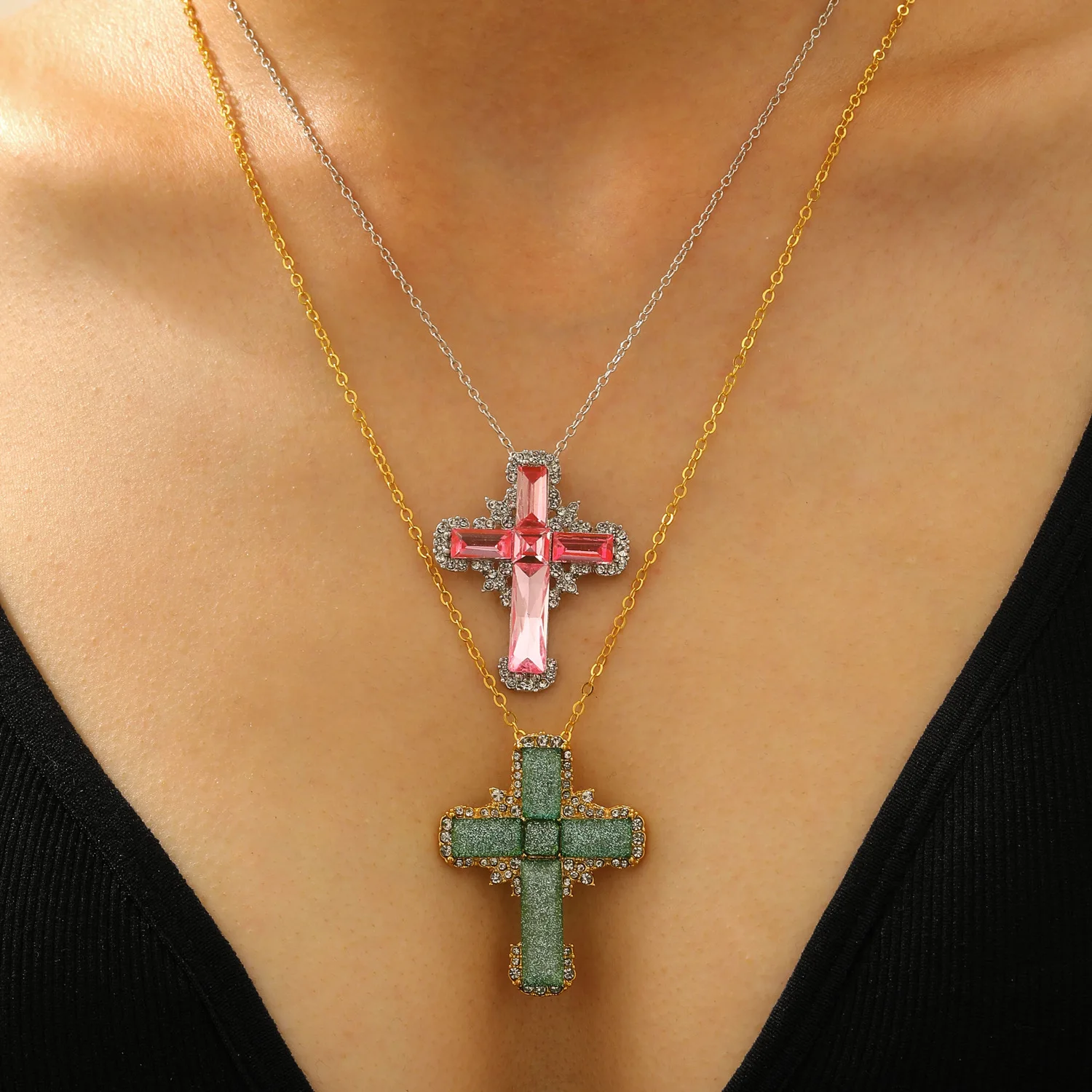 

Colorful Crystal Cross Unique Statement Choker Chain Elegant Layered Necklaces for Women Green Pink Gems Pendant Jewelry