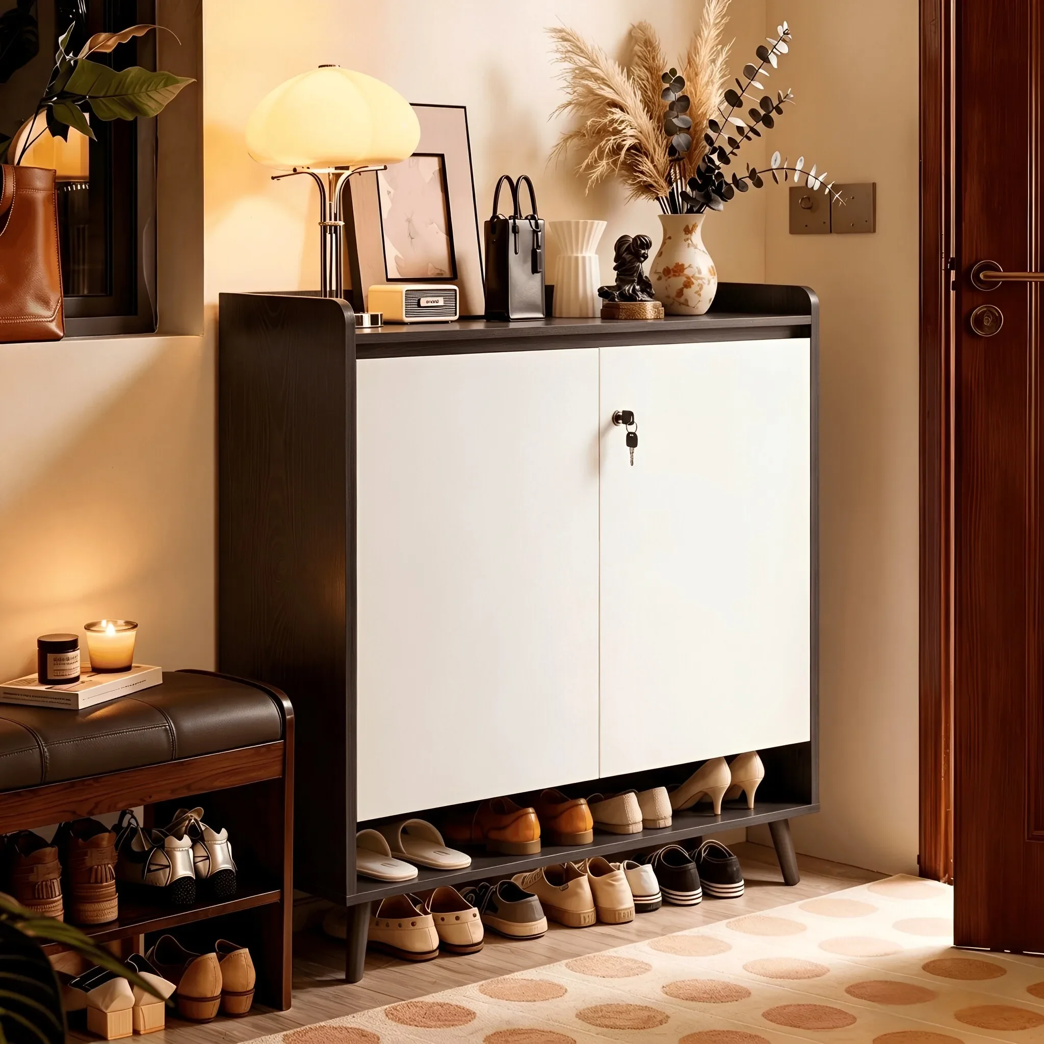 HYS door household small apartment storage cabinet integrated against the wall with lock with ambient light shoe rack