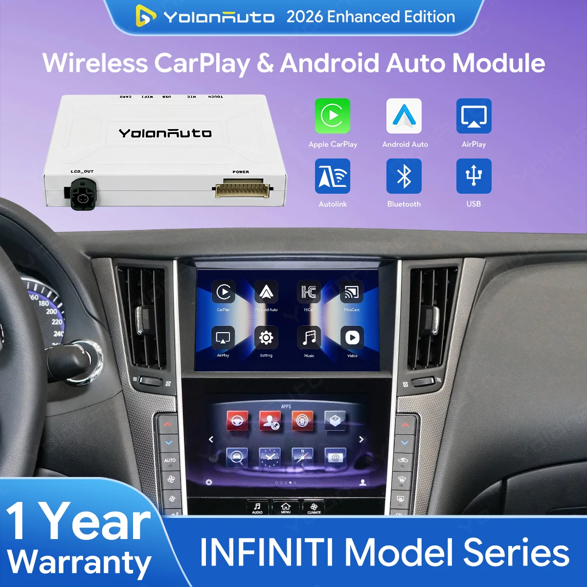 YolanAuto Wireless Carplay&Android Auto Decoder for Infiniti Series Q50 QX50 Q60 QX70 Q70 QX70 G35 FX35 Airplay MirrorLink  GPS
