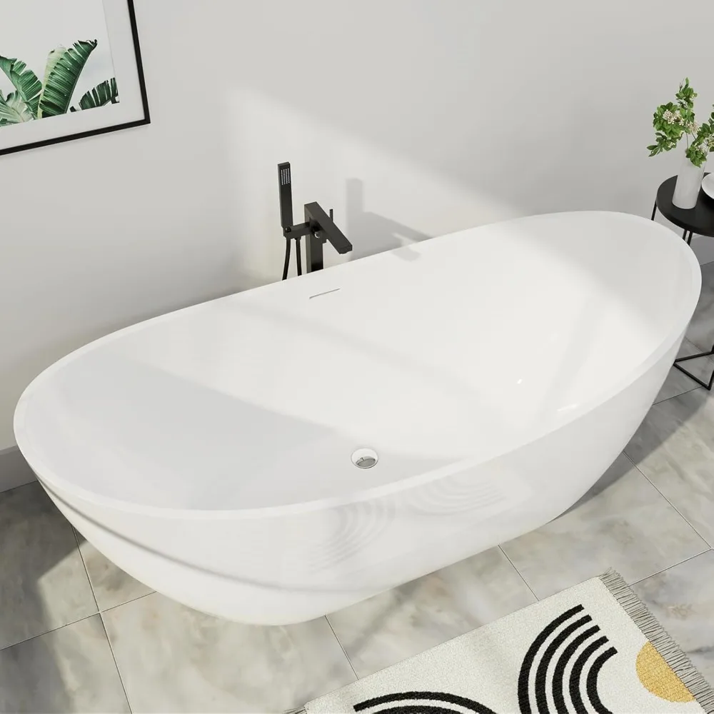 

67" Lucite Acrylic Bathtub with Toe-tap Chrome Drain，Double Slipper Contemporary Tub，Slotted Overflow，Freestanding Bathtub