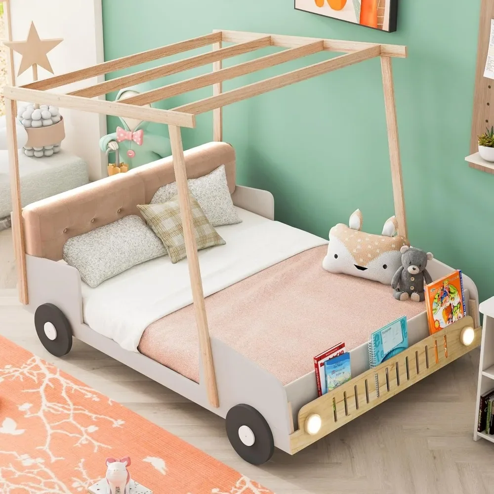 Race Car Bed Platform Bed with Pillow,Ceiling Cloth and LED Light,Wood Bed Frame W/Magazine Storage Rack,for Kids Children Beds