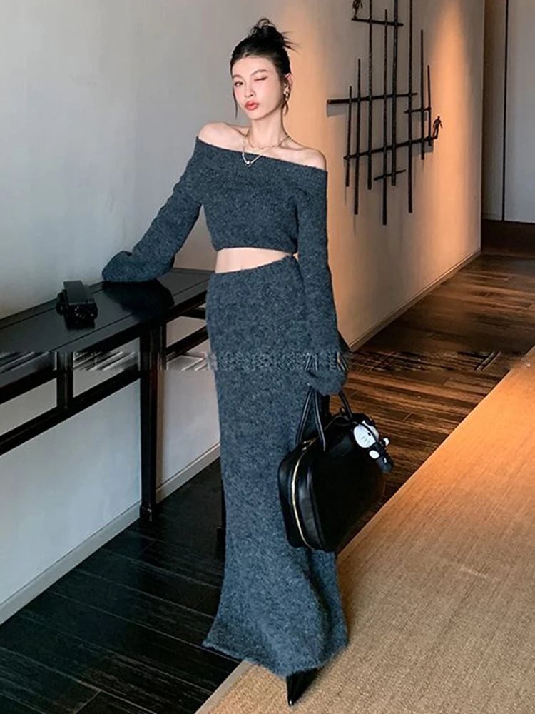 Winter France Vintage Knit 2 Piece Set Women Solid Sexy Elegant Sweater Long Skirt Suit Female Korean Style Casual Clothes