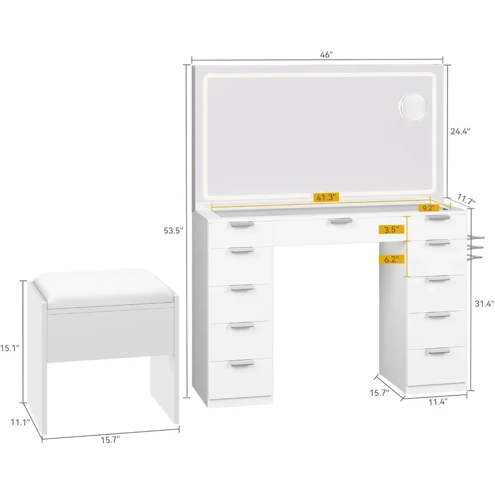 Vanity with LED-Lit Mirror & Electrical Socket, Cosmetic Vanity Station with 11 Compartments and Magnifier, 46'' Dressing Table image 4