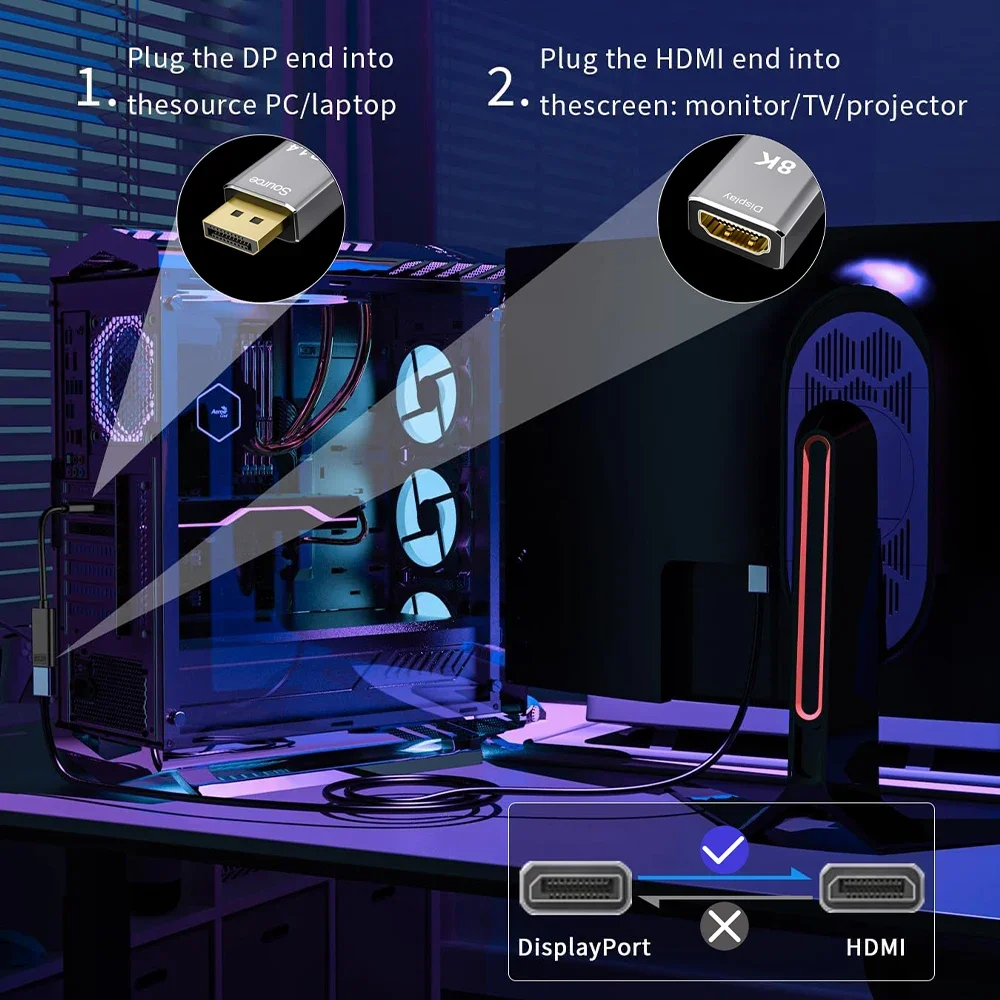 Адаптер FSU DisplayPort 1,4-HDMI совместимый с 2,1 HDR 2,3 активный, поддержка 4k @ 120 Гц, 8K @ 60 Гц, HDR, однонаправленный порт дисплея 1,4