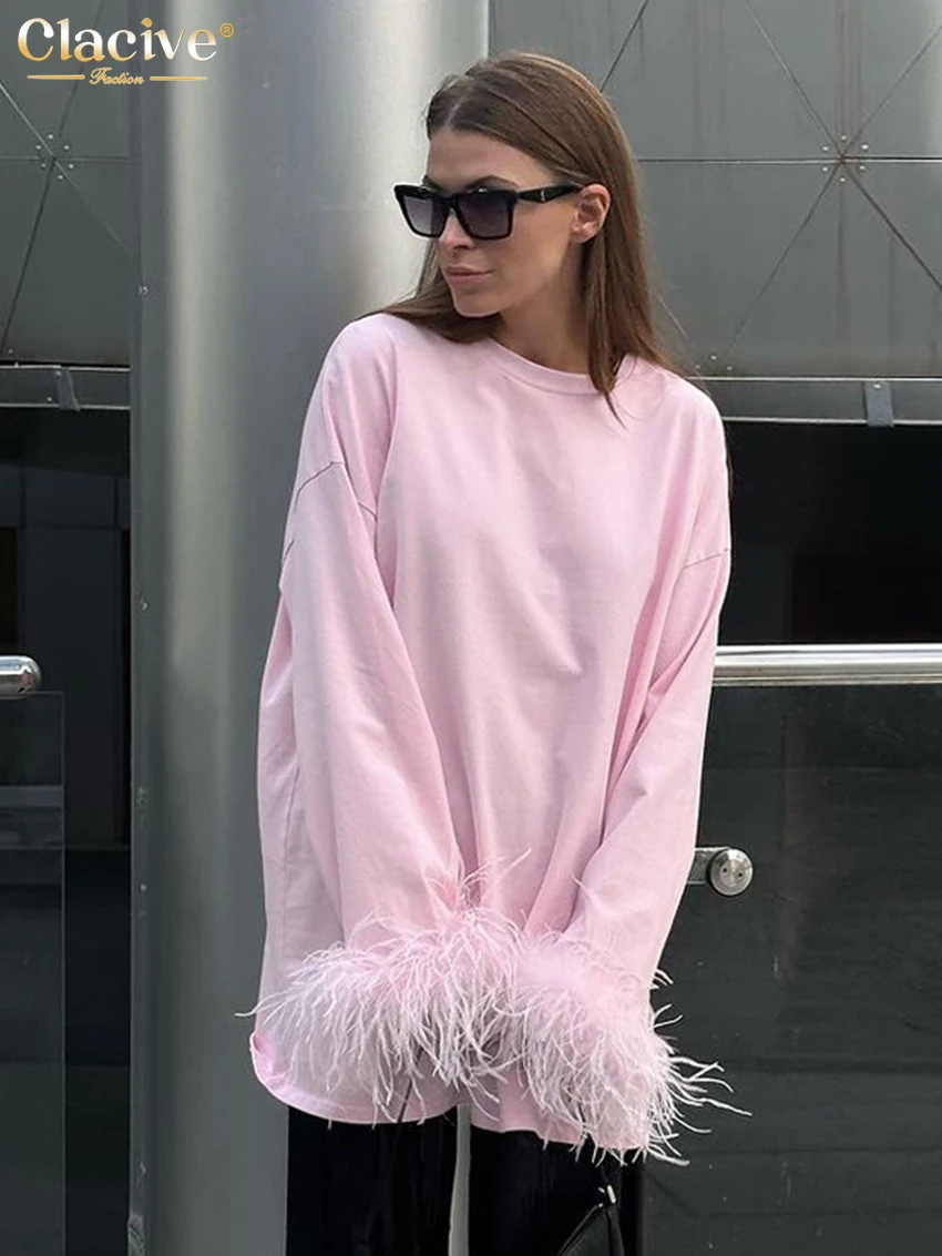 Clacive Casual Loose Pink Cotton Women\'s Top Fashion O-Neck Feather Long Sleeve T Shirt Elegant Classic Tee Top Odzież Damska