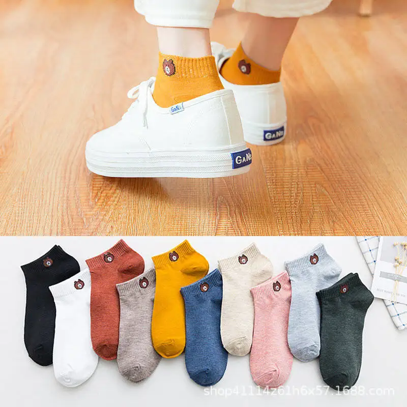 10 Pairs Women Low Tube Socks Set Cute Bear Pattern Fashion Breathable For Female Casual Style Comfortable Socks