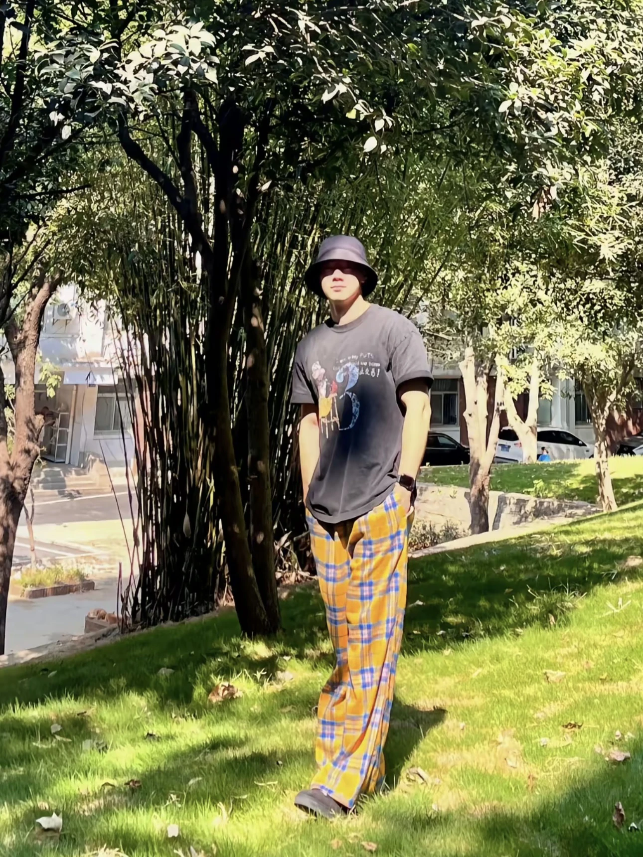 

Yellow Plaid Loose Fit Men's Casual Pants Straight Leg Wide Leg Long Trousers for Couples Street Sle Summer Faion