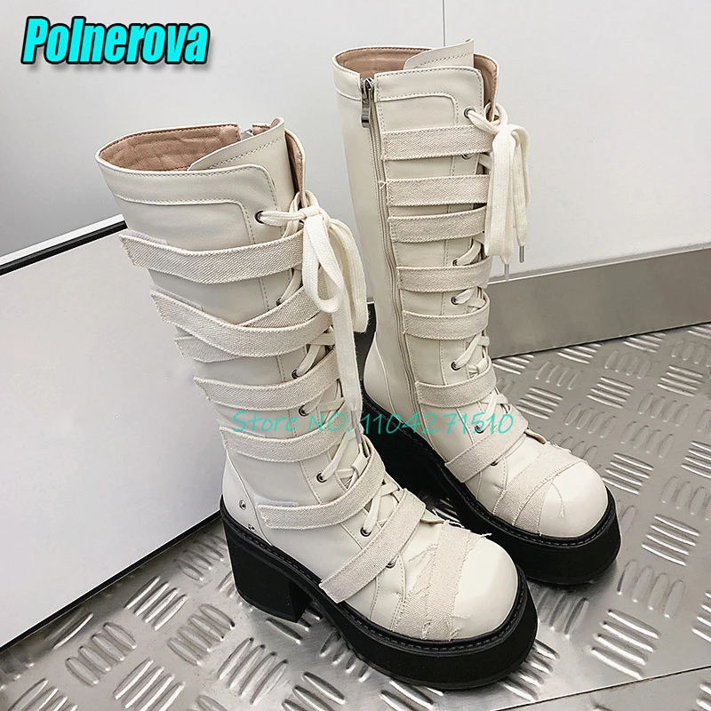 

Женские модные сапоги до колена с круглым носком, на толстой подошве, с молнией, с перекрестными ремешками, на массивном каблуке, белые и черные, для косплея