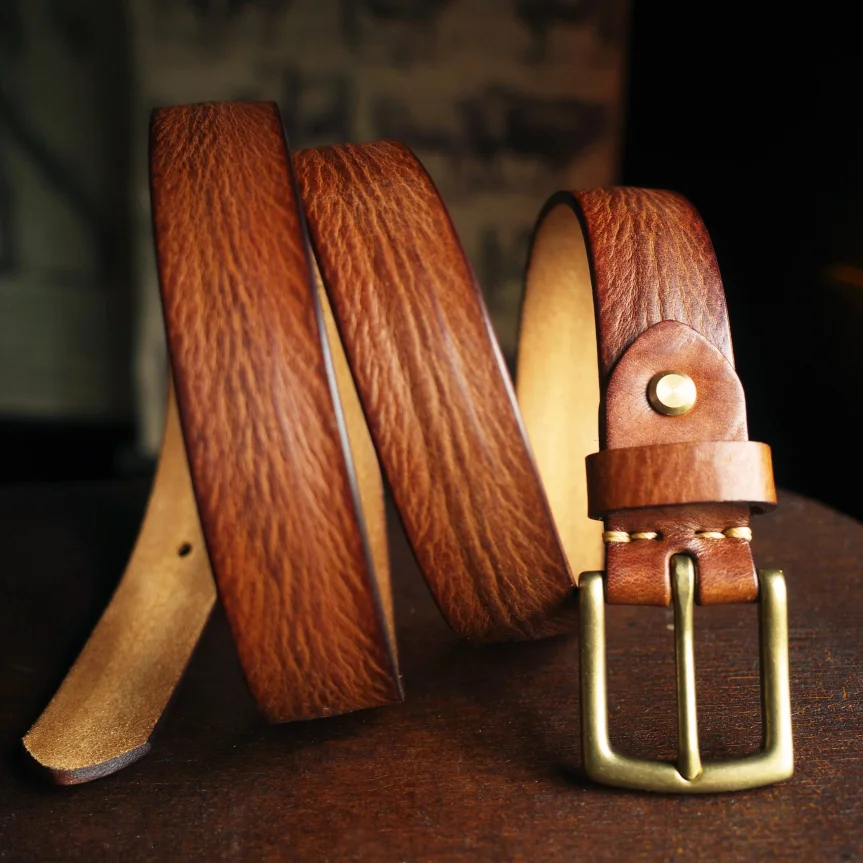 Vintage Handmade Top Layer Leather Belt for Unisex 2.8cm Wide Brass Pin Buckle Distressed Genuine Leather Waist Minimalist Belt