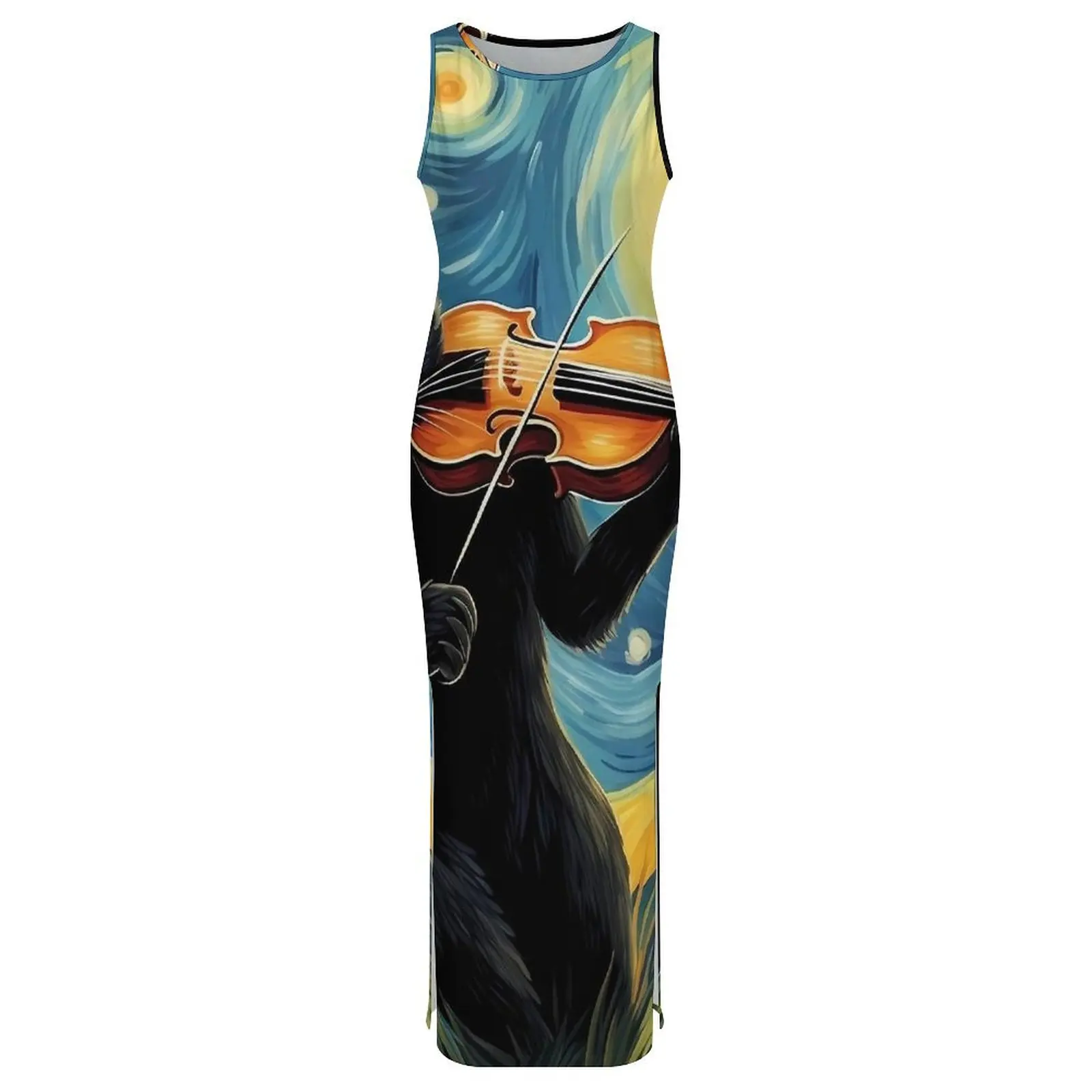 Women Bodycon Dress Vintage Van Gogh Starry Night Maxi Dresses Holiday Black Cat Playing Violin Custom Dress Large Size 3XL 4XL