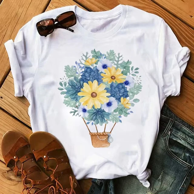 2026 New Cute Cartoon Flower Balloon Half Sleeve Base Bf Wind Round Neck Short Sleeve T-shirt Woman Harajuku Oversized T Shirt