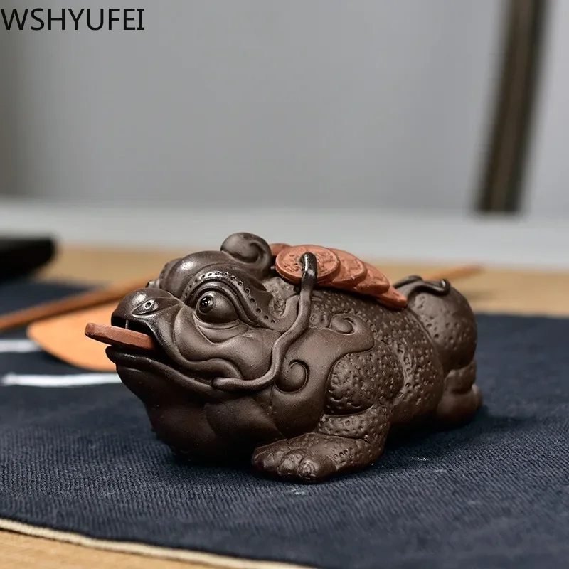 Adornos de té de arcilla púrpura para mascotas, estatuilla de té de Sapo, accesorios de mesa de té de Boutique, escultura artesanal, decoración del hogar, 1 ud.