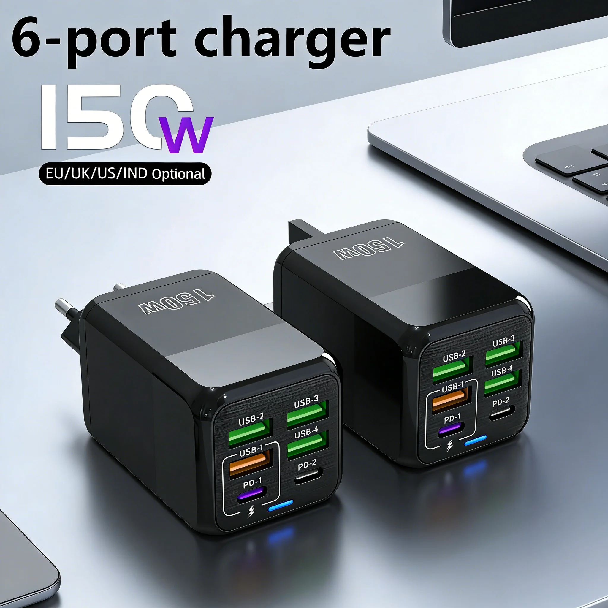 150W 6-Port USB Charger PD QC3.0 Type C Fast Charging Adapte