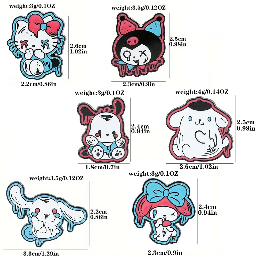 6 Pcs Terror Hello Kitty Brooch Punk Kulomi Pochacco Enamel Pin Animal Metal Badge Backpack Clothing Jewelry