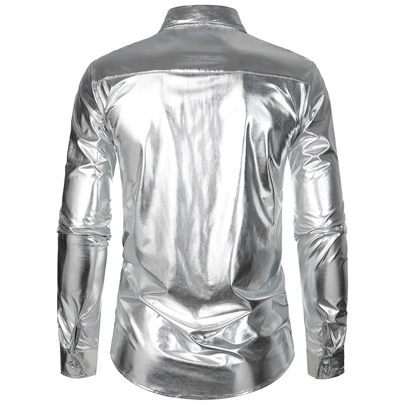 Herren Glänzendes Metallic Langarm-Hemd Einfarbiges Revers-Kragen Knopfleiste Slim Fit Glänzendes Club-Nacht-Party-Bühnen-Performance-Hemd – Detail 7