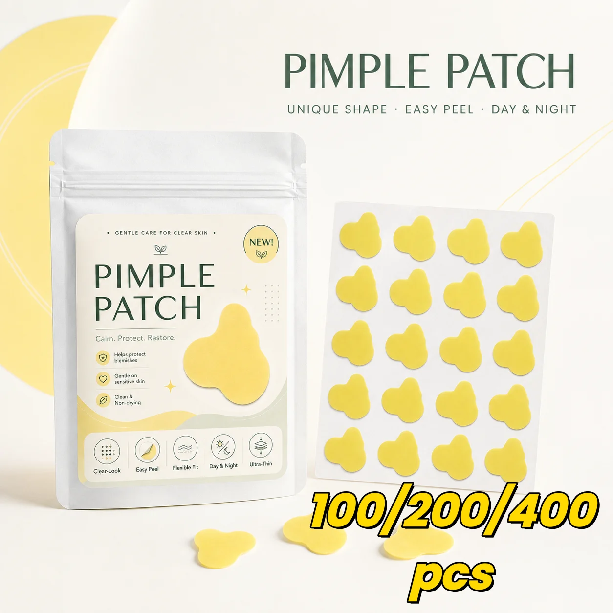 Acne Patches (100/200/400 Pieces), 20 per Sheet, Yellow Cloud Shapes—Soft, Flexible, Easy to Use, Bright Style for Daily Wear