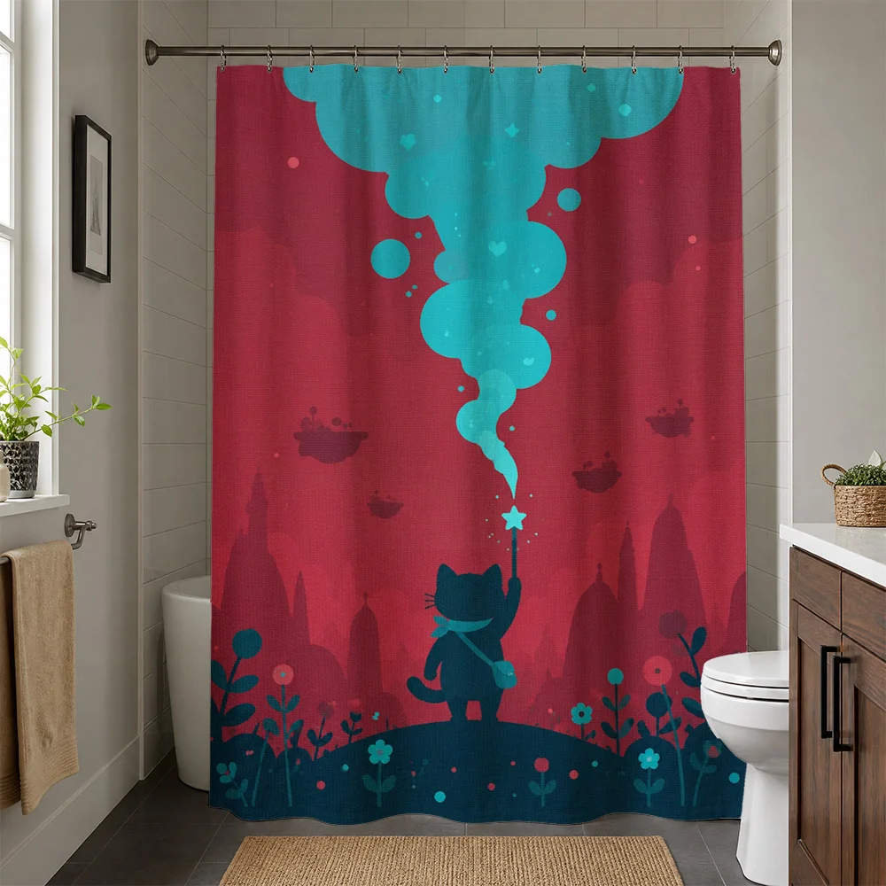 Cute Cat Smoke Cloud Bathroom Shower Curtain Bohemian Aesthetic Pop Art Bathroom Decor Shower Curtain