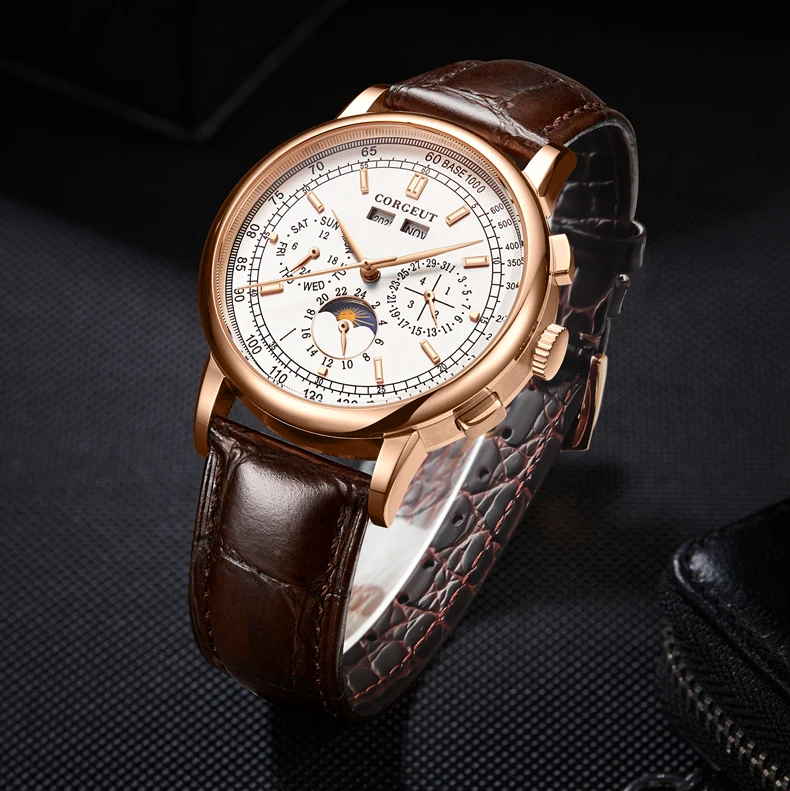 CORGEUT Luxus-Herrenuhr 41mm Automatische Mechanische Uhr mit Lederarmband Saphirglas Anzeige von Jahr, Datum & Woche – Detail 11