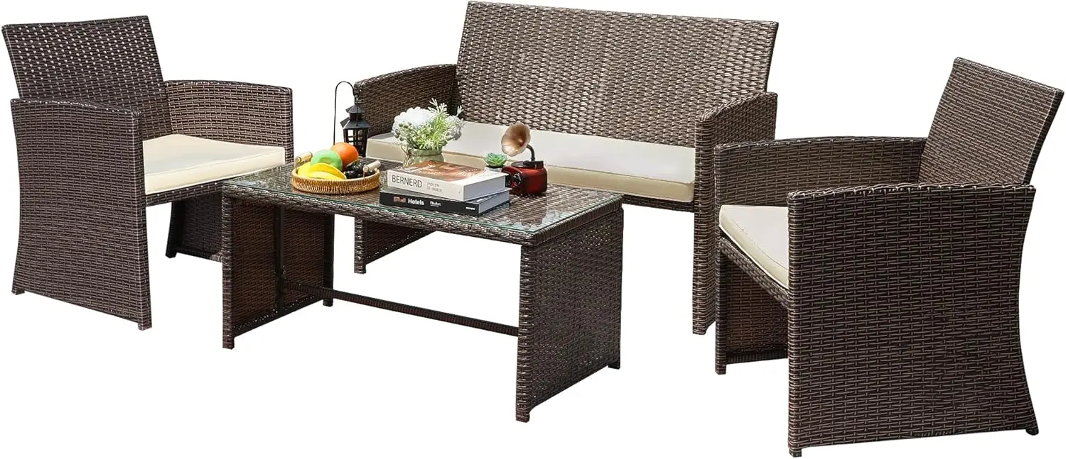 4 Piece Patio Set,Porch Furniture Set,Balcony Furniture,Wicker Patio Furniture Sets,Patio Conversation Sets,Outdoor Patio Set