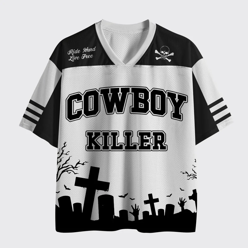 Unisex Cowboy Killer Graveyard Football Jersey Gothic Western Skull Cross Print Black White V-Neck Short Sleeve Sports Tee