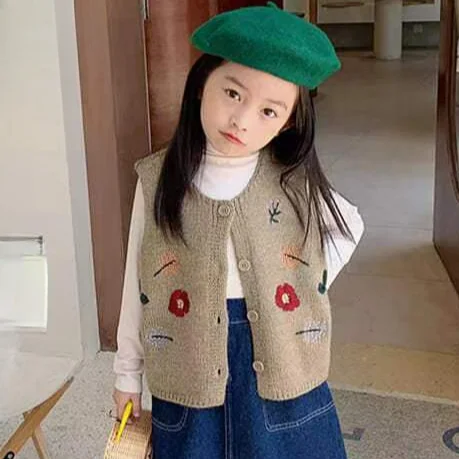 Spring and Autumn New Style Girls\' Embroidered Knitted Vest Retro Children\'s Baby Korean Vest Kids Clothing Sweater Top