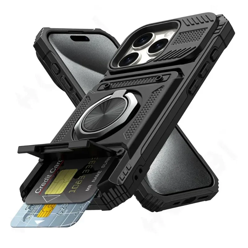 Militaire kwaliteit hoesje voor iPhone 11 13 14 15 16 Pro Max met magnetische draaibare ringstandaard, heavy-duty valbescherming en portemonnee-functie