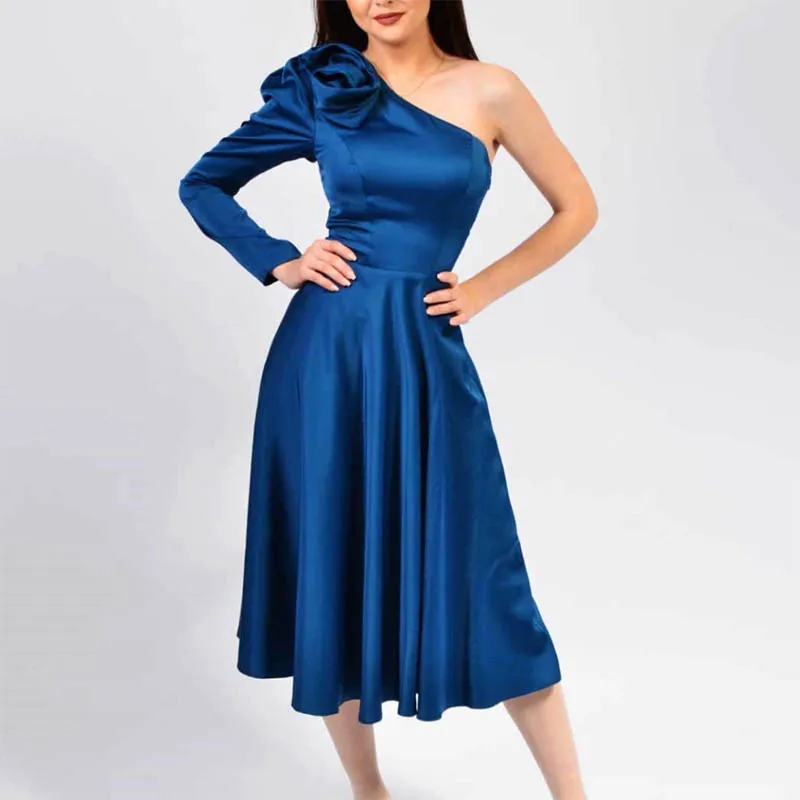 

Elegant Exquisite Navy Blue Women Gowns Simple Single Sleeve A-LINE Formal Dress Knee Length Mother Dresses