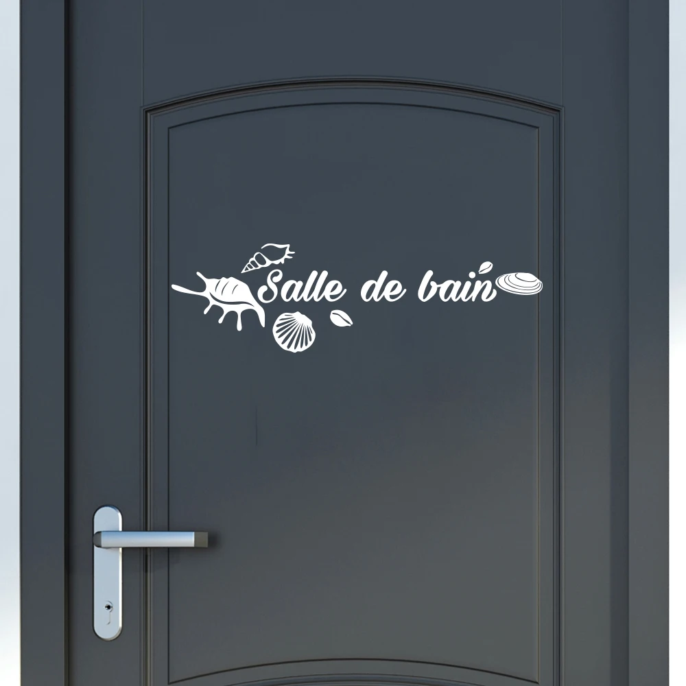 French Bathroom Sign Sea Shell Door Sticker Decal Salle De Bain Bath WC Loo Toilet Vinyl Home Decor