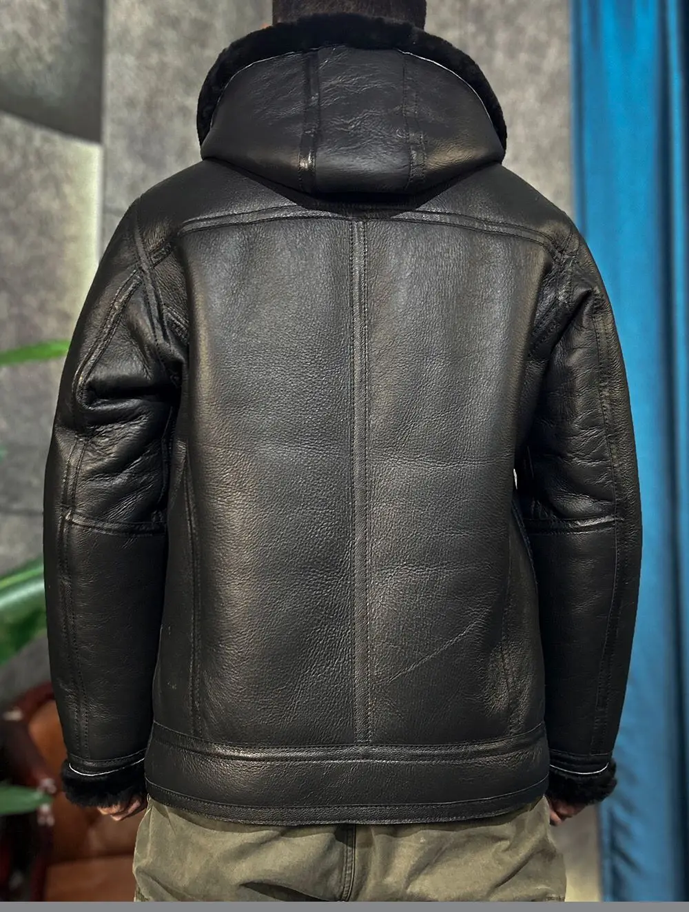 Men's Winter Warm Coat Genuine Leather 100% Real Natural Sheepskin Lambskin Shearling Jacket Hooded Thick Wool Grey Black 8XL