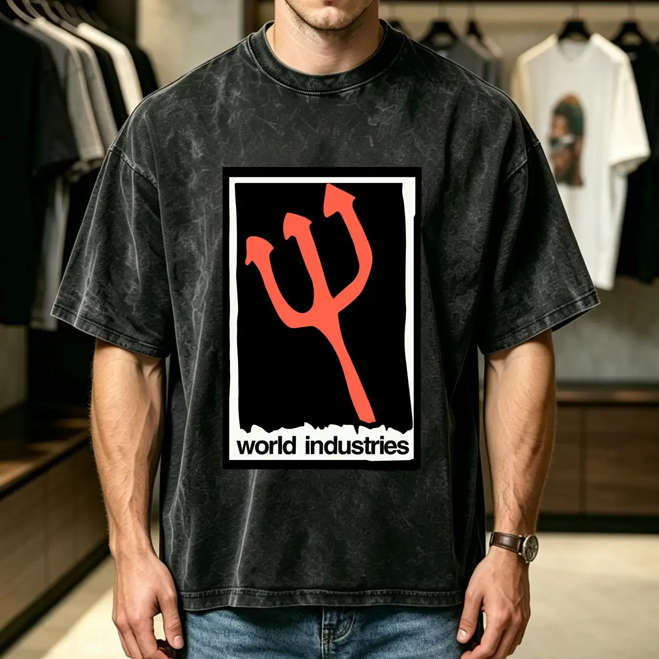 washed T Shirt World Industries Skateboarding Pitchfork Logo Olive Green Size Medium long or short sleeves vintage Washed