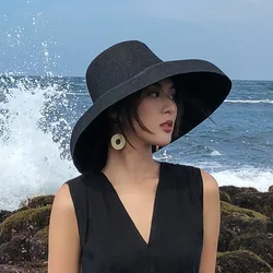 Sombrero de sol estilo Hepburn para mujer y niña, sombrero de paja de diseño Vintage, protección solar, Color sólido, playa, vacaciones, gorra grande