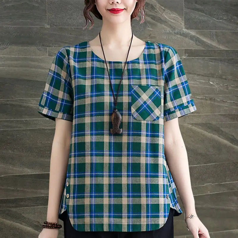 Vintage Plaid Print Pocket Irregular Casual Tops for Women 2023 Summer Round Neck Short Sleeve Loose Cotton Linen Shirts Blouses