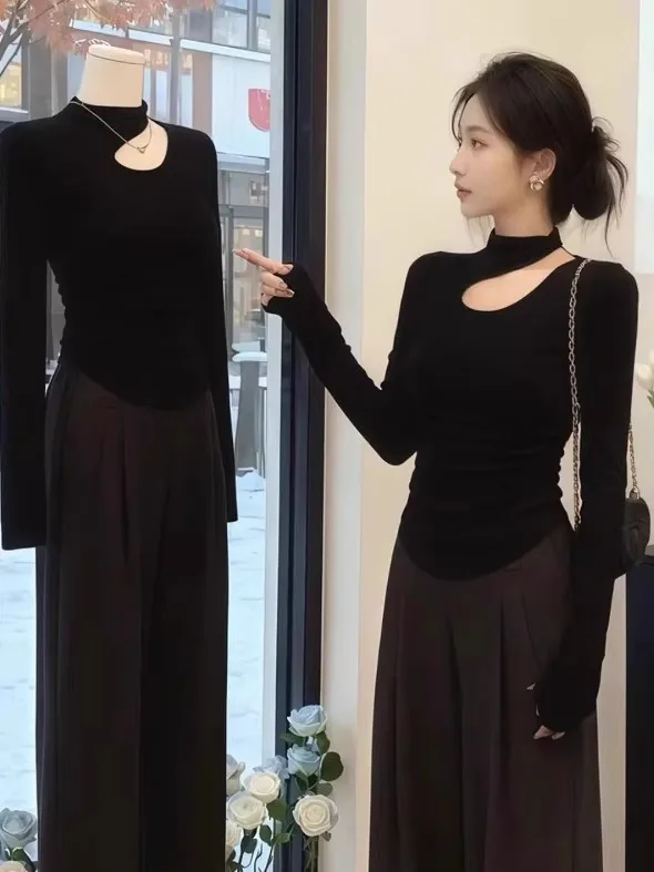 Warm Fleece Lined Black Turtleneck T-shirt For Women Cutout Irregular Slim Autumn Winter Trendy Office Layering Bottoming Shirts