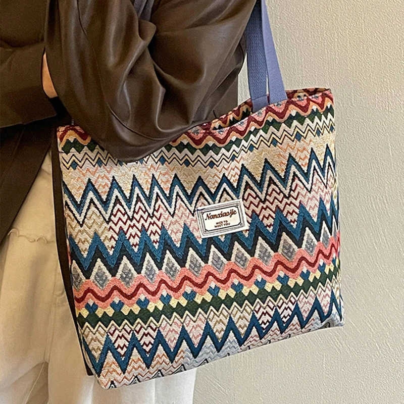 Bohemian Ethno-Stil Geometrischer Druck Canvas-Umhängetasche, Bunte Zickzack-Muster-Handtasche für Damen, Leichte Pendler-Tragetasche – Detail 11