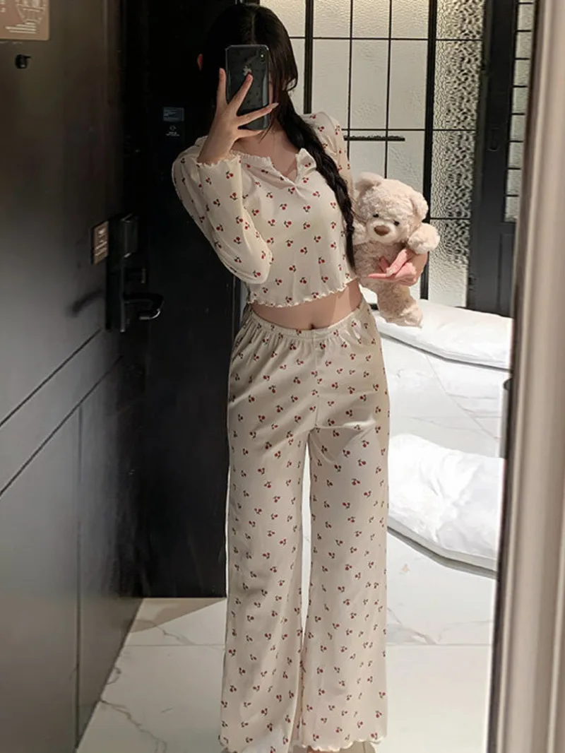 

Cherry Print Solid Color Lace Trimmed Pants Sets Sexy Casual Fashion Long Sleeved Pants Sets Elegant For Women Pure Desire WS6N