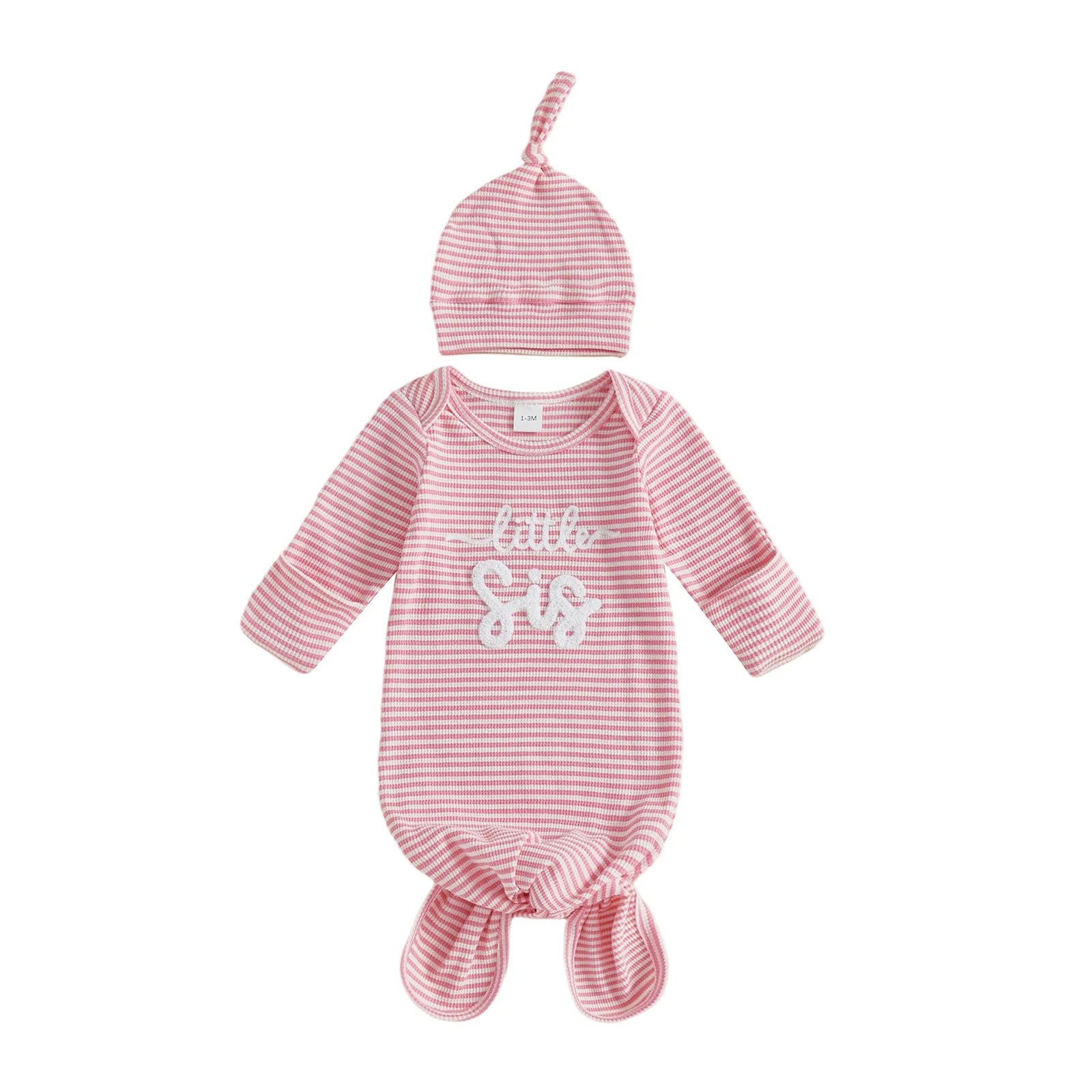 

Newborn Girl Knotted Gown and Hat Set Stripe Letter Embroidery Long Sleeve Round Neck Sleepwear
