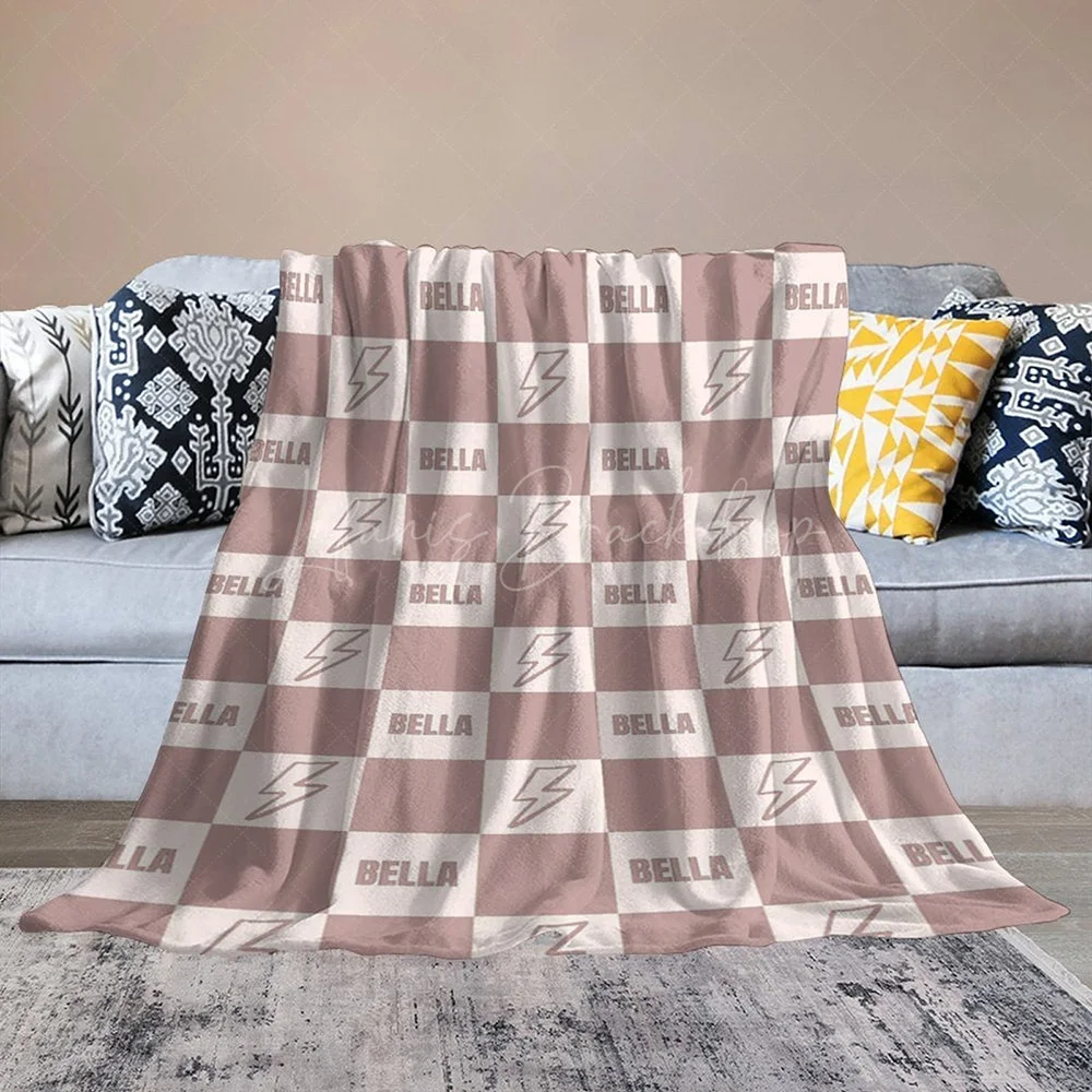 Preppy Pink Lightning Bolt Plaid Custom Name Blanket for Girls Teen, Soft Fleece Throw Birthday Christmas Gifts Bedroom Decor