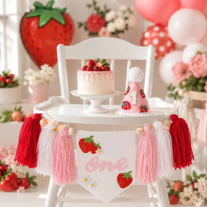 

First Birthday Party Chair Cloth for Baby, Fruit Theme Fabric Piece with Pink White Trim for Family Table Photos 15UB