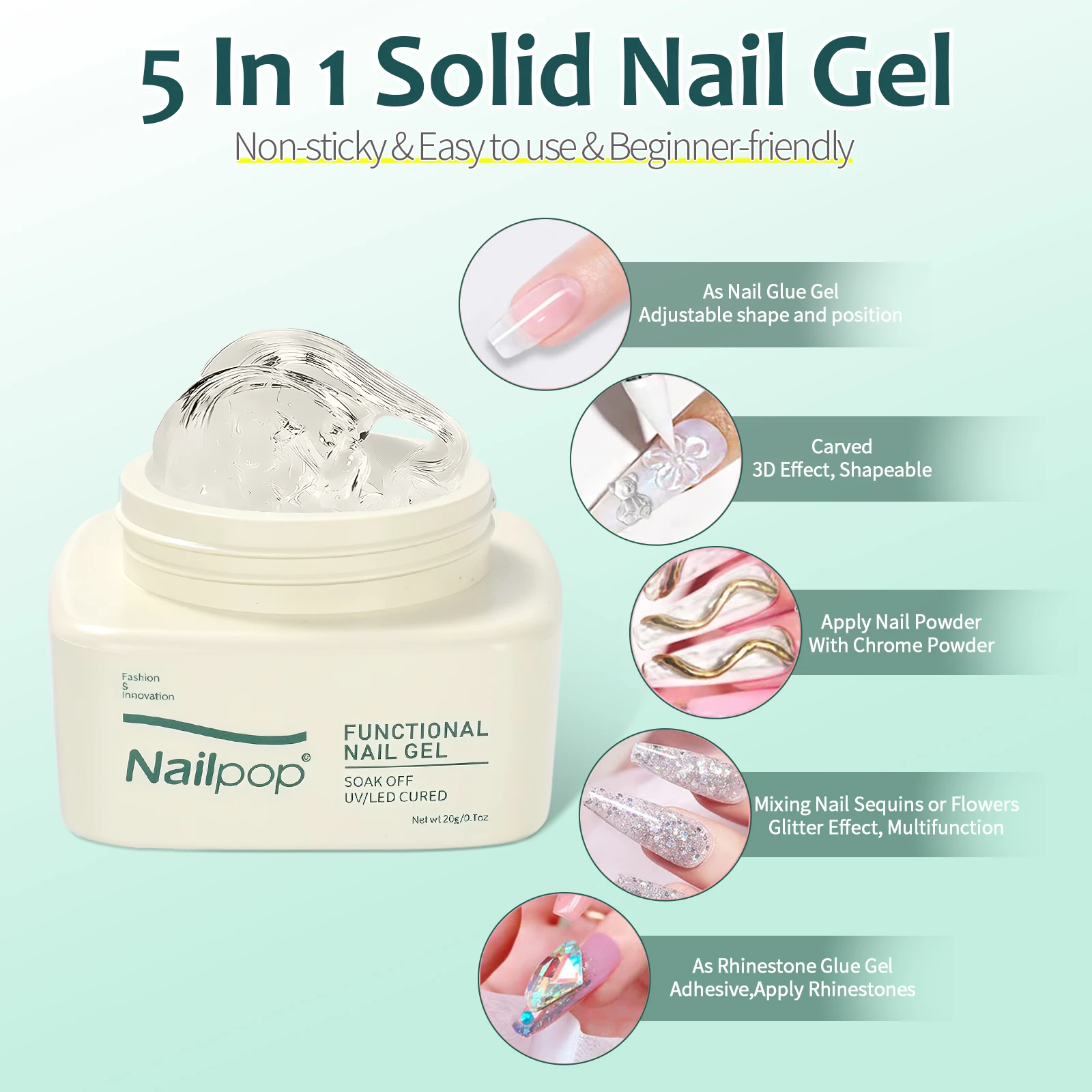 Nailpop Colla gel per unghie solida per premere sulle unghie Adesivo forte Punta in gel trasparente Adesivo Gel UV a lunga durata Nessun danno 20 g (1/3 pezzi)