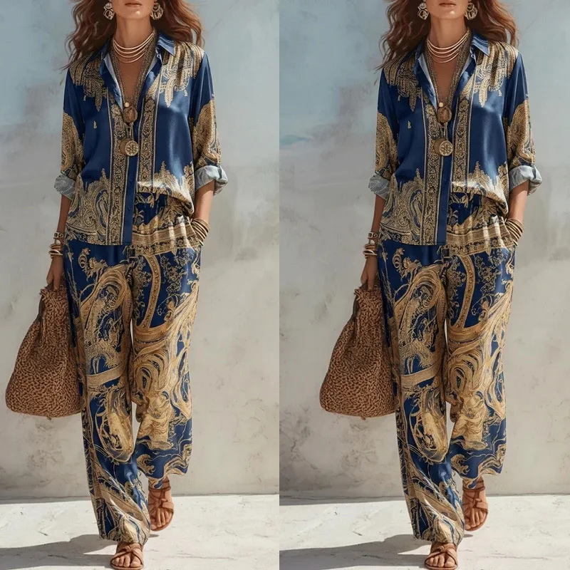 Boho Luxus Goldener Paisley-Druck Zweiteiler Hosen-Set Damen Übergroße Bluse Weite Hose Urlaub Strand Passende Outfits – Detail 1
