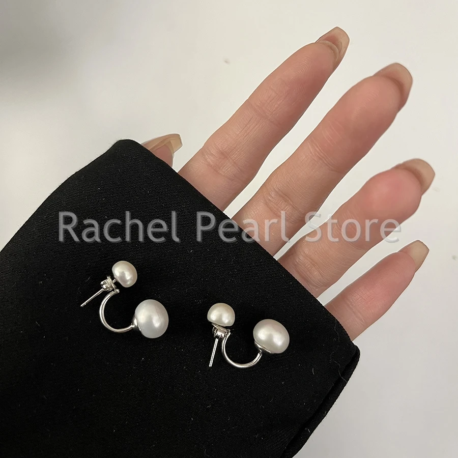 Handmade Rear Hanging Stud 7-8mm 10-11mm Earrings Light Luxury Akoya Real Natural White Pearl S925 At Wedding