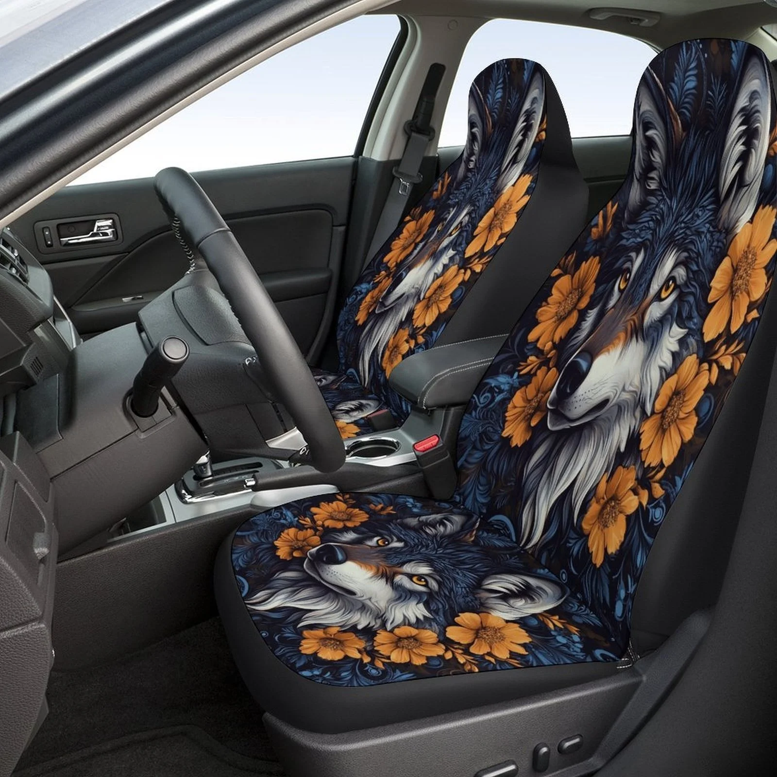 Wolf With Flowers Designed Car Seat Covers Set For Most Cars, Trendy Novelty Decorative Car Seat Protector Covers Full Set, Uni