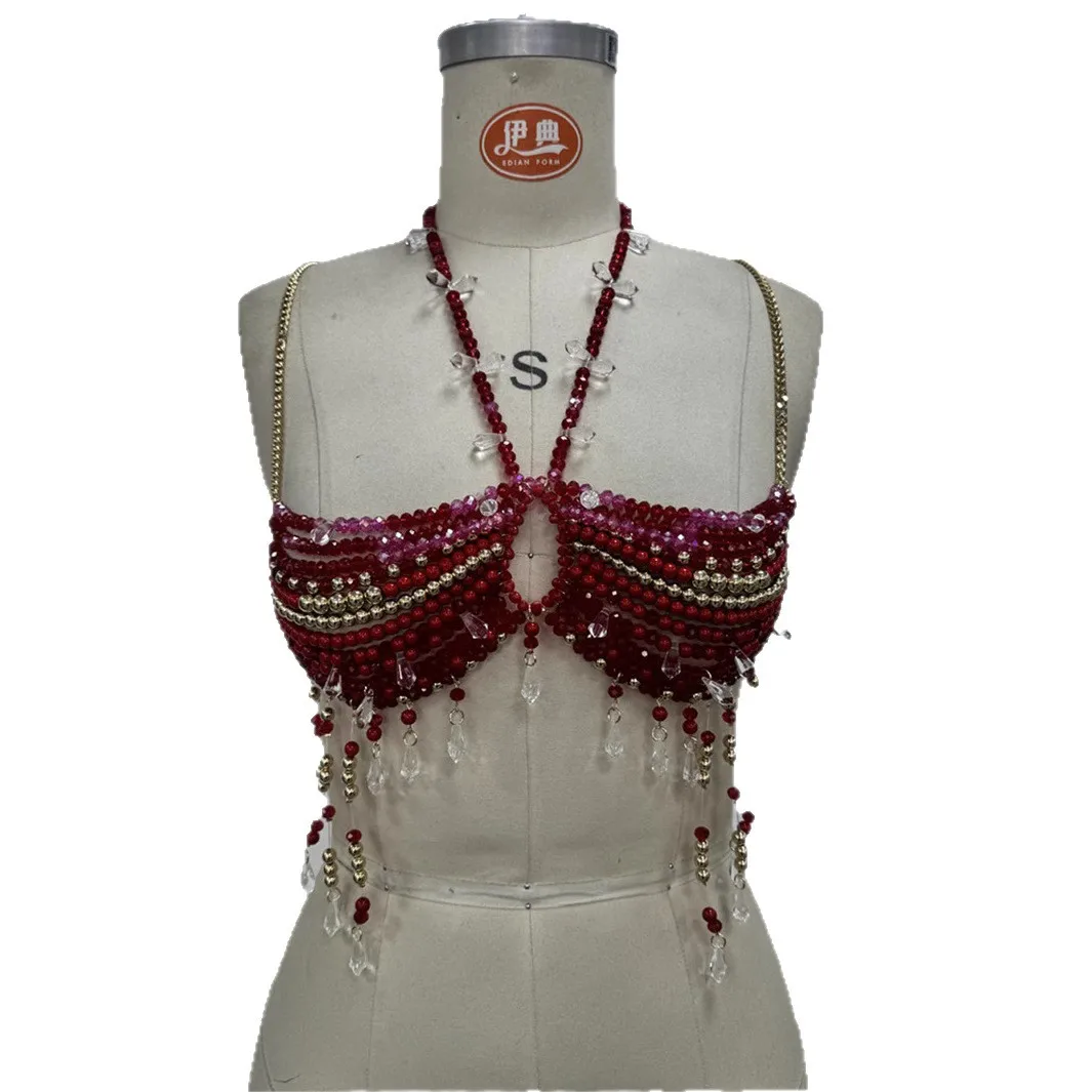 ยุโรปและอเมริกา Handmade Beaded Bra สําหรับผู้หญิง,สไตล์โบฮีเมียนปรับ Body Chain, ฤดูร้อนวันหยุด Openwork Top