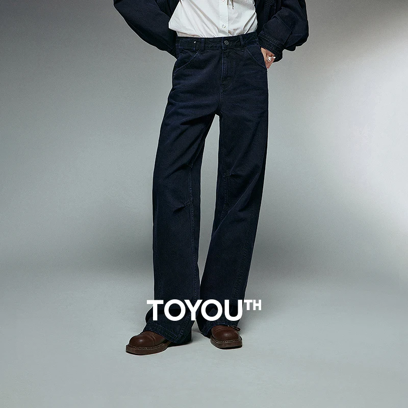 

TOYOUTH Women Jeans 2025 Winter New Mid-rise Wide-leg Deep Sea Blue Cotton Long Pants
